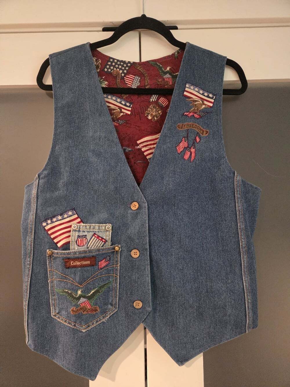 Vintage 90s Arizona Jean Co Denim Vest Patriotic Americana Eagle Flag Quilted M